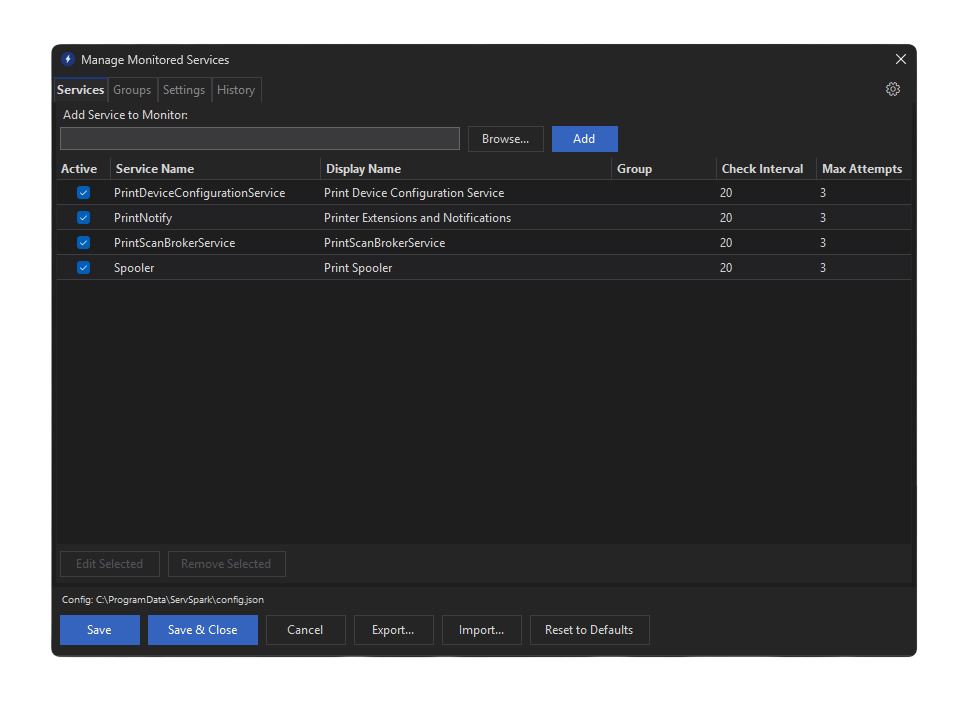 ServSpark dark mode interface showing monitored Windows services